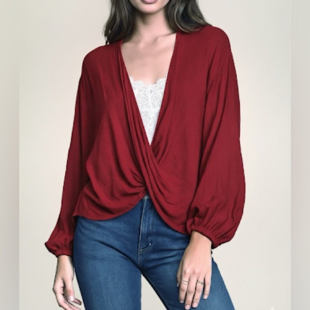 FAVLUX Womens Red Twist Front Drape Blouse Long Sleeve Top Small